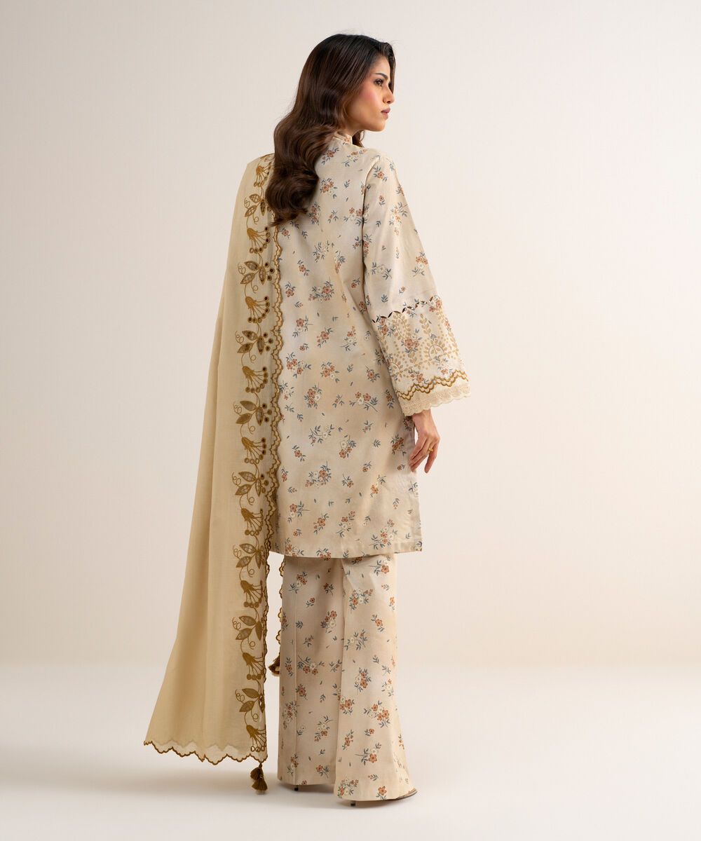 Women's Unstitched Fine Cotton Satin Embroidered Beige