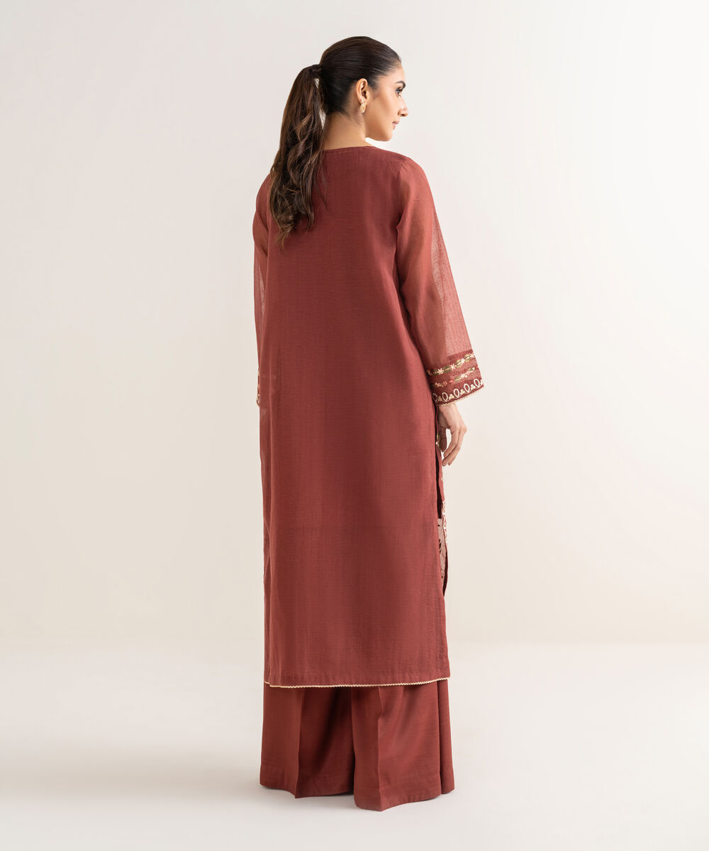 Women's RTW Blended Textured Karandi Brown Embroidered Straight Shirt