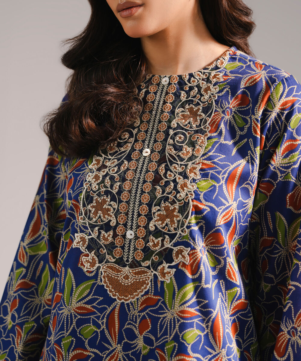 Women's RTW Textured Cotton Embroidered Dark Blue 2 Piece Suit