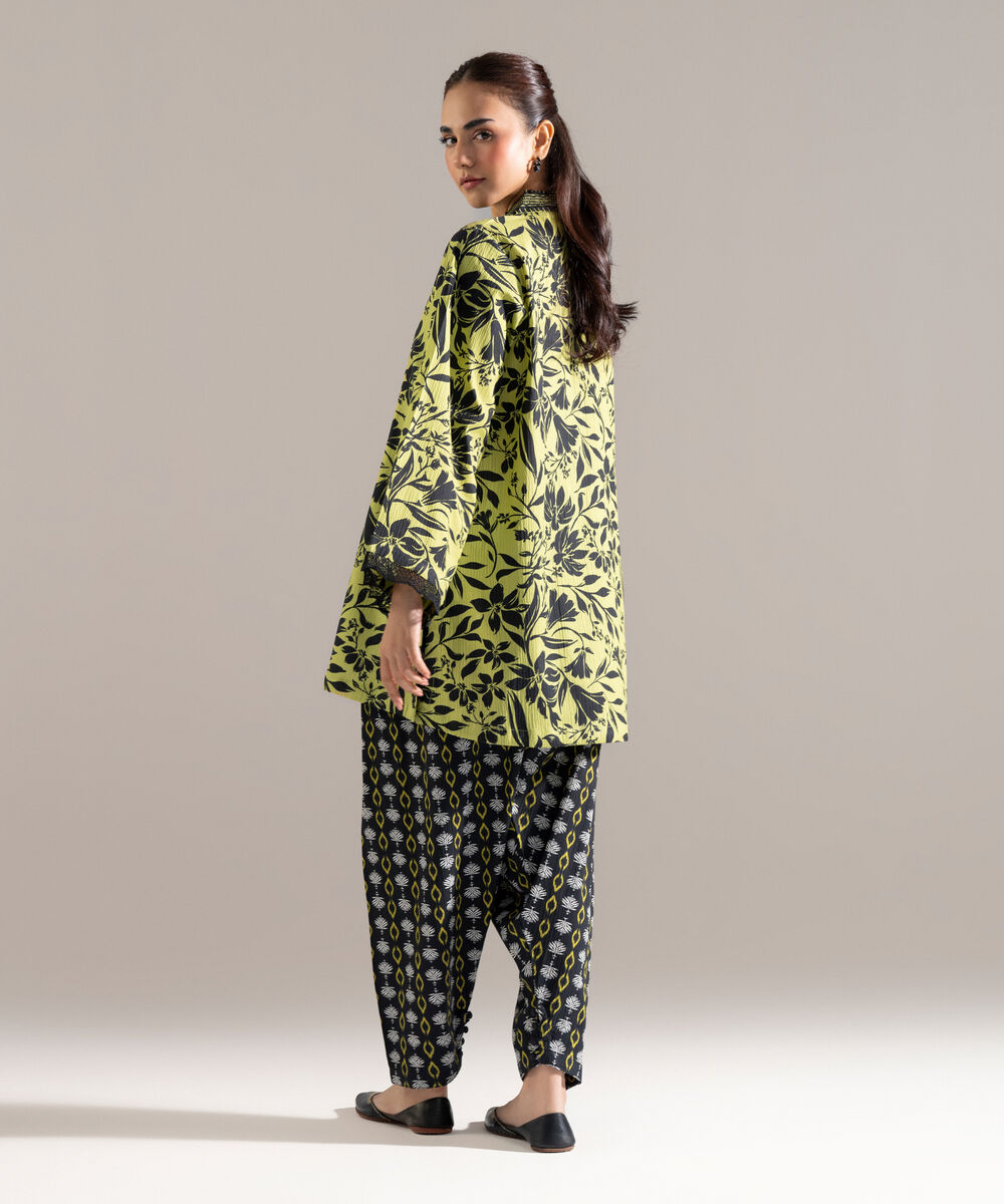 Women's RTW Seersucker Printed Green Straight Shirt