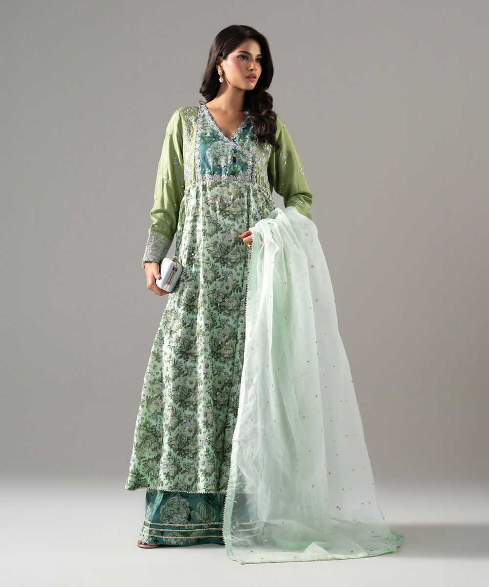 Women's RTW Bright Raw Silk Printed Green 3 Piece Suit