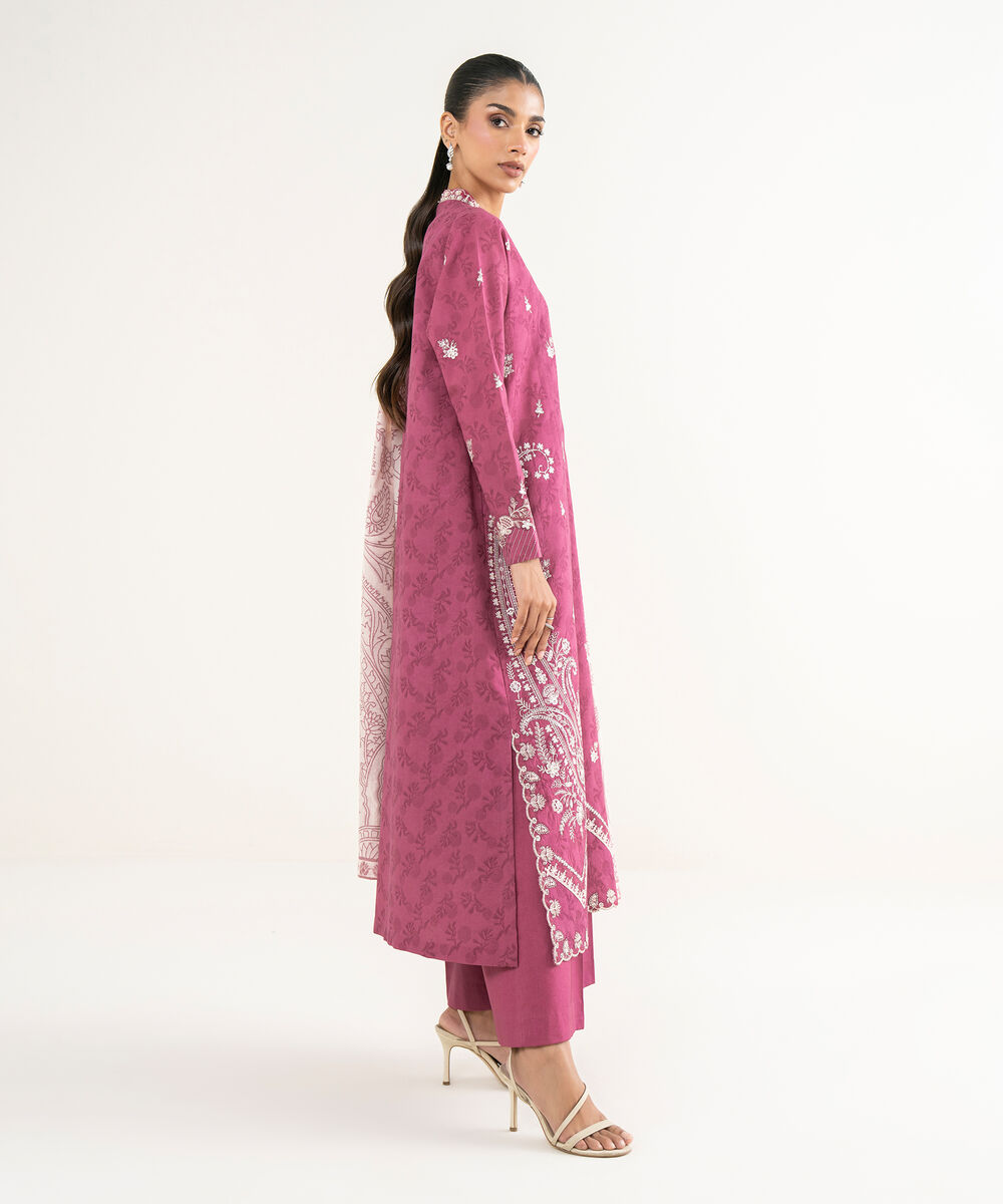Women's Unstitched Cotton Jacquard Embroidered Pink 3 Piece Suit