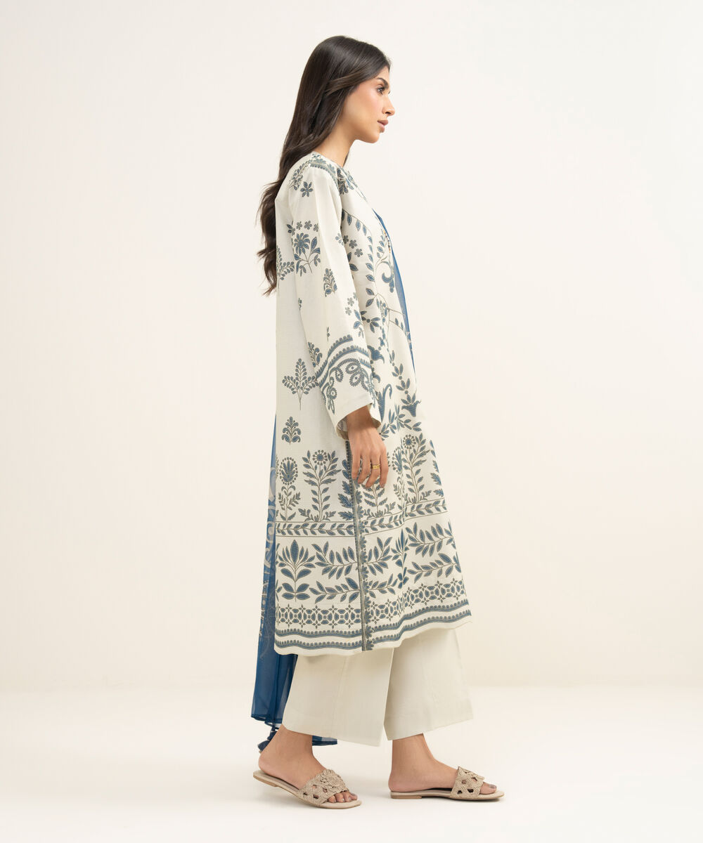 Women's Unstitched Zari Lawn Printed Off White 3 Piece Suit