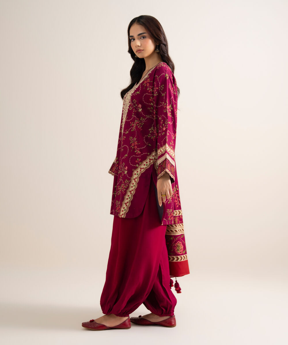 Women's Unstitched Printed Cotton Viscose Burgundy 3 Piece Suit