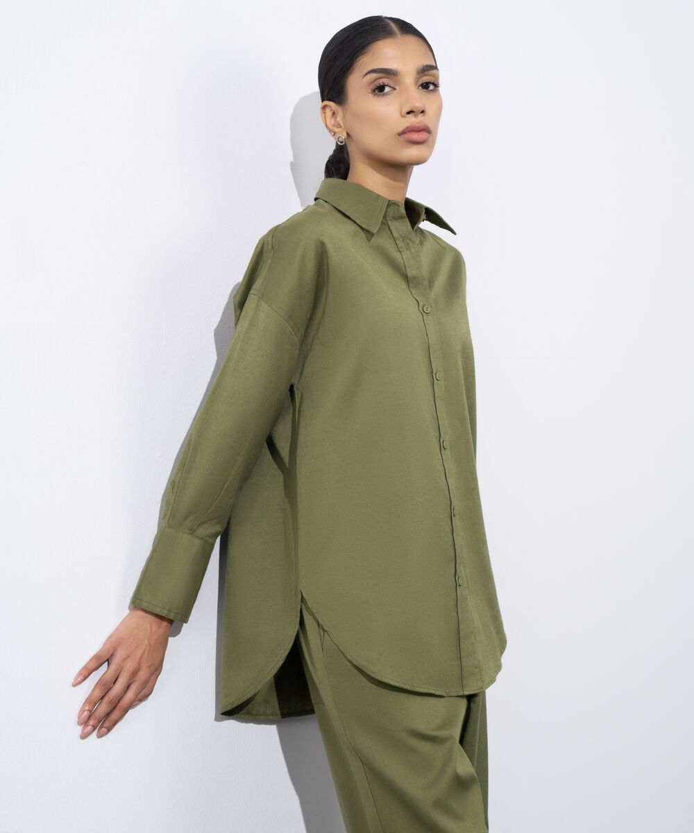 Women's Western Wear Green Loose Fit Linen Blend Shirt