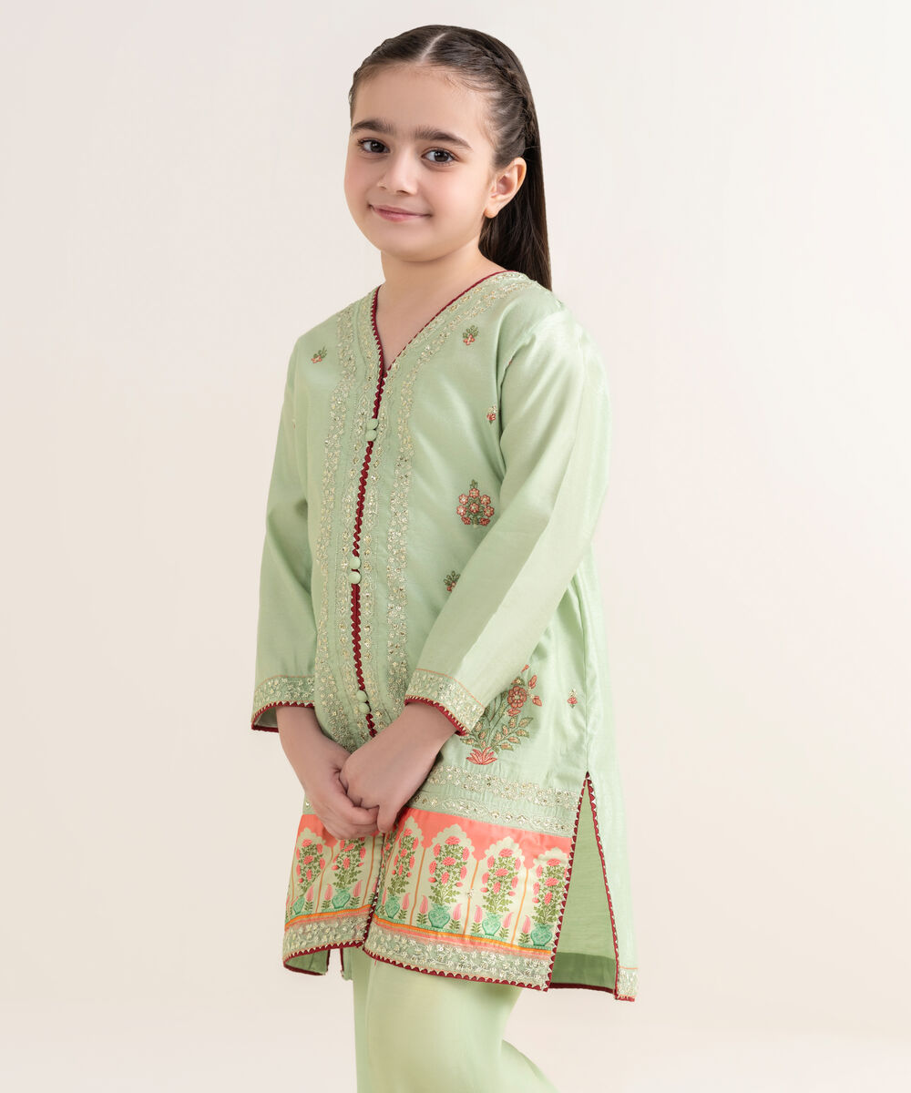 Girl's Silk Cotton Net Embroidered Green 2 Piece Suit