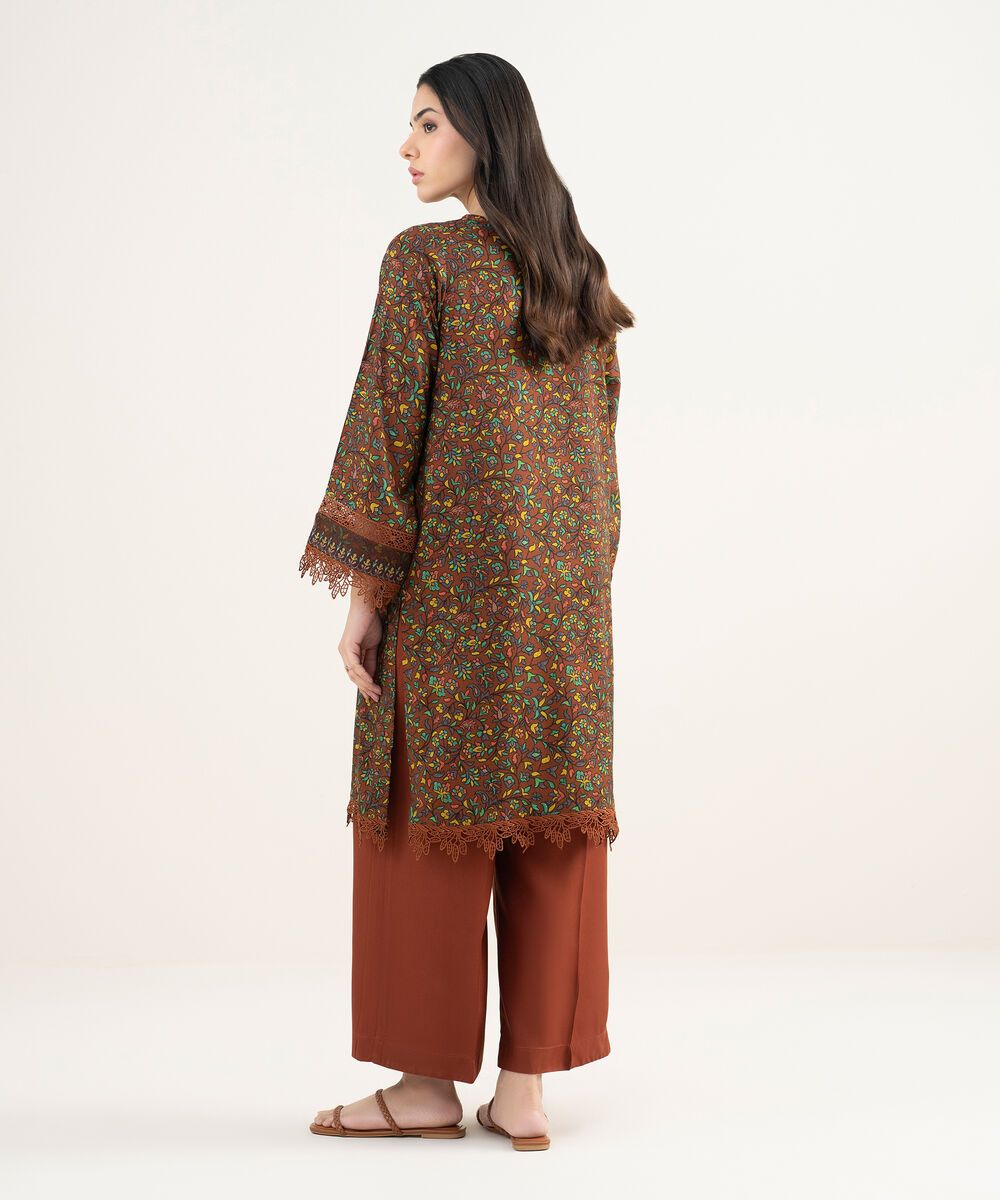 Women's RTW Arabic Cambric Embroidered Brown Straight Shirt