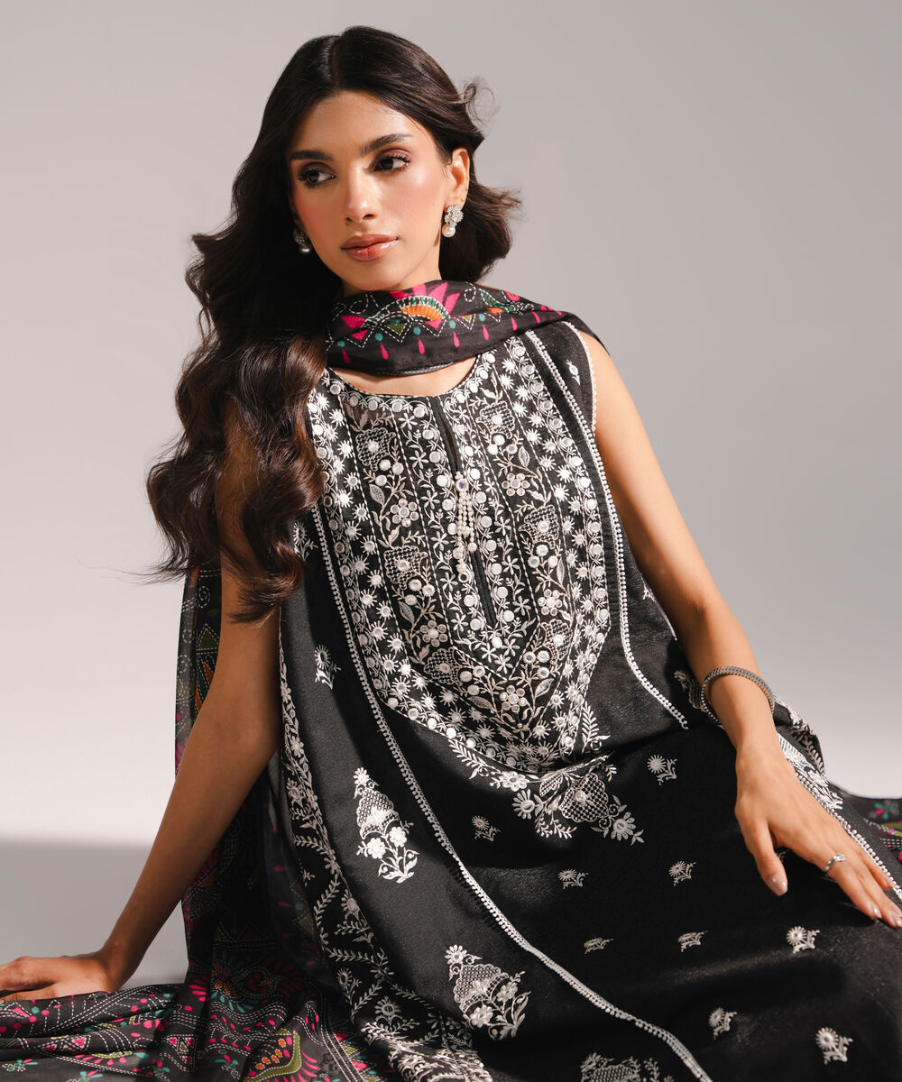 Women's RTW Fancy Cotton Embroidered Black 3 Piece Suit