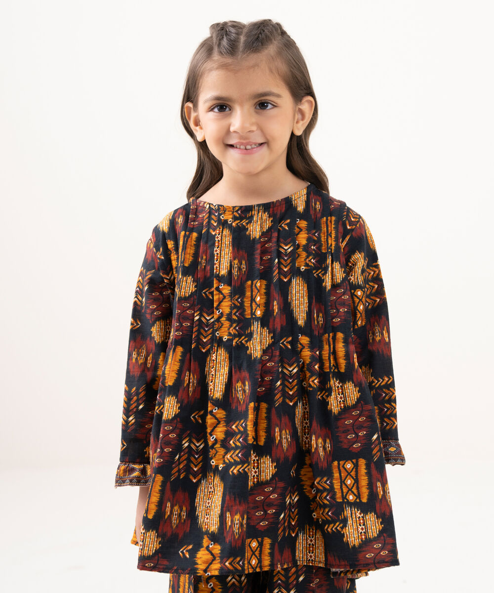 Girl's Light Khaddar Printed Black 2 Piece Suit