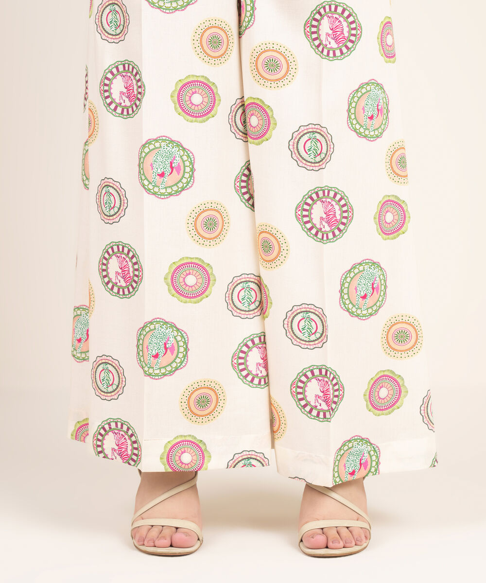 Women's RTW Linen Viscose Printed Off White Flared Pants