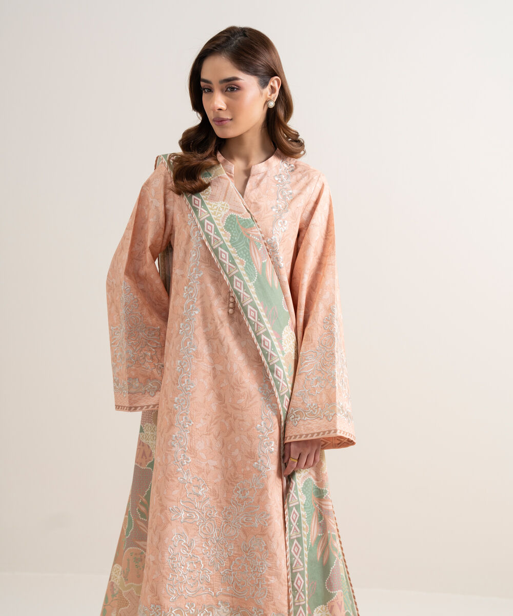 Women's Unstitched Lawn Embroidered Peach 3 Piece Suit
