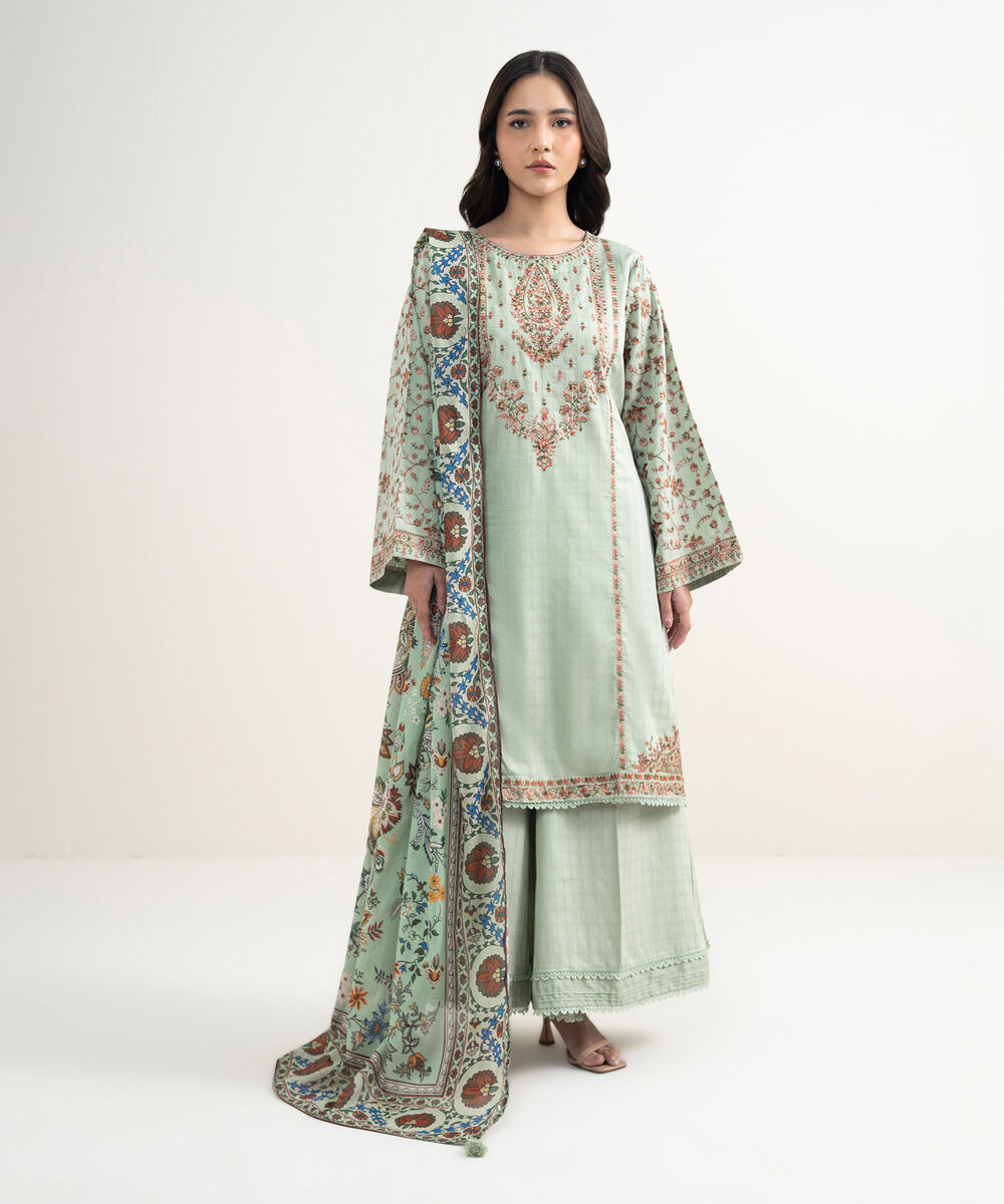 Women's RTW Dobby Embroidered Green 3 Piece Suit