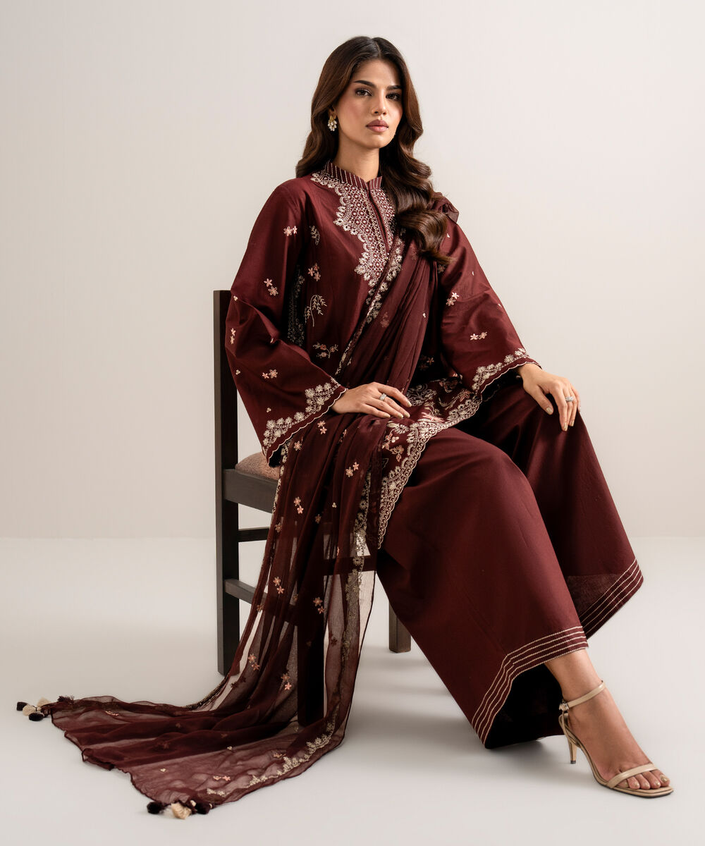 Women's Unstitched Embroidered Cotton Viscose Maroon 3 Piece Suit