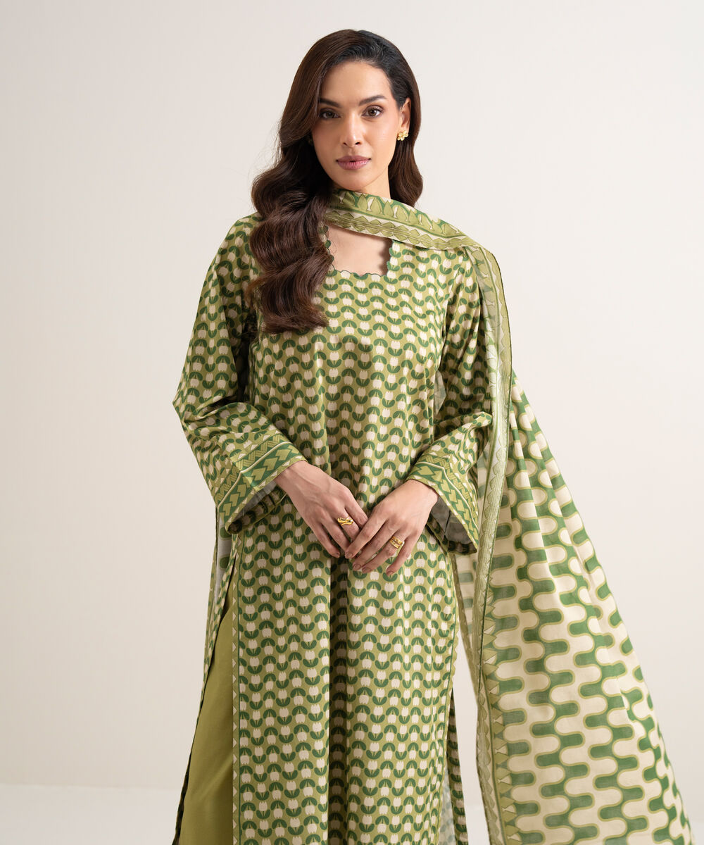 Women's Unstitched Lawn Printed Green 3 Piece Suit