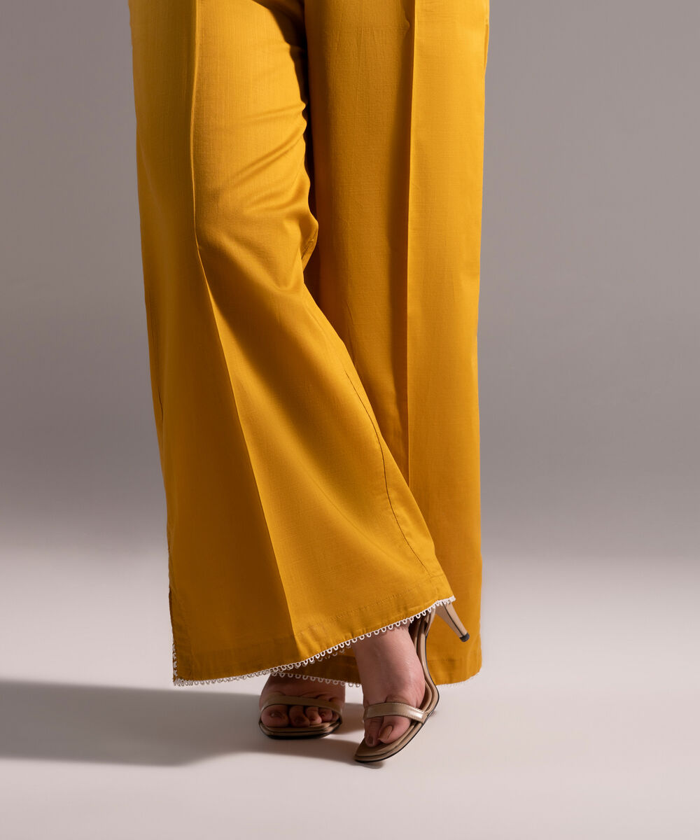 Women's RTW Crosshatch Solid Mustard Yellow Flared Pants