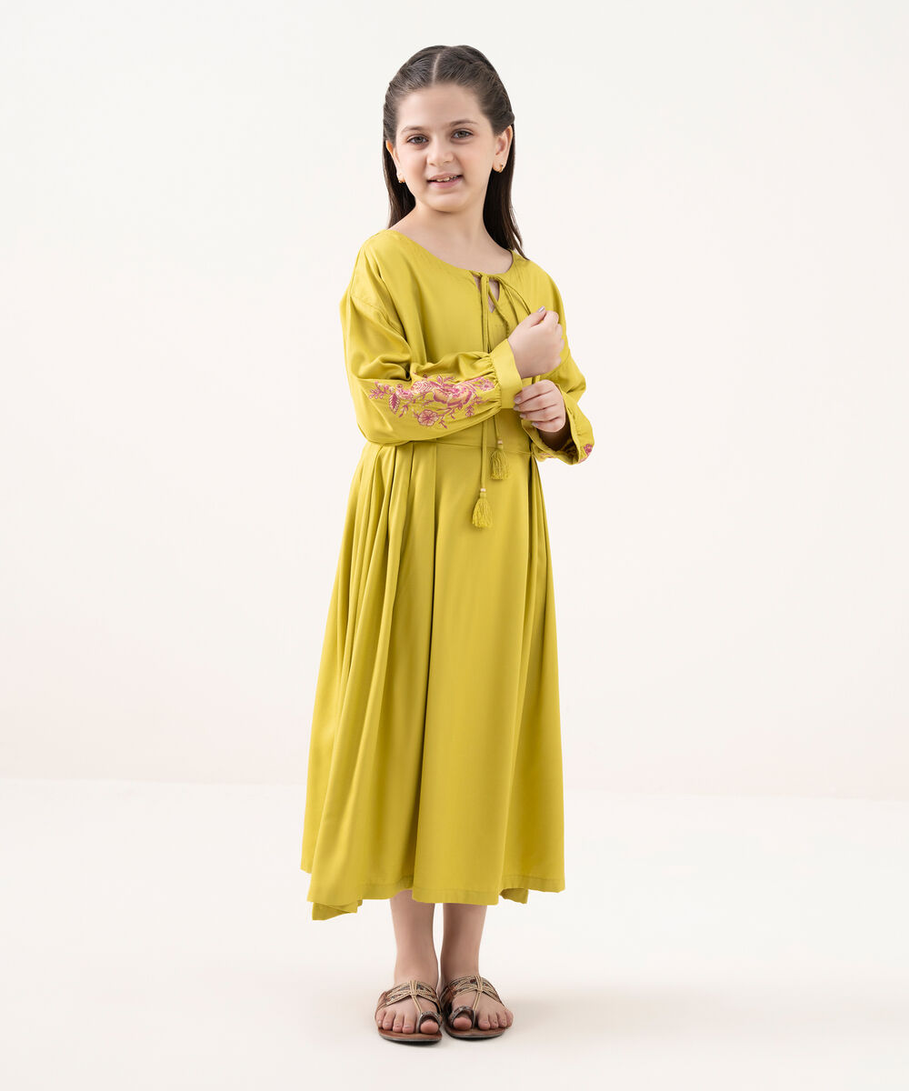 Girls Viscose Marina Green Dyed Kidswear Dress