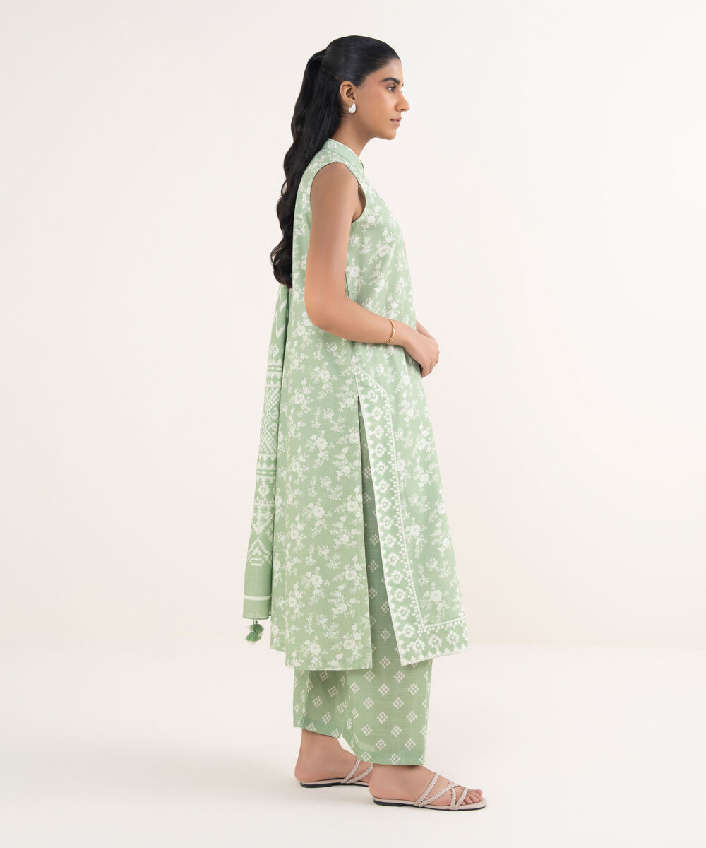 Women's Unstitched Light Khaddar Printed Green 3 Piece Suit