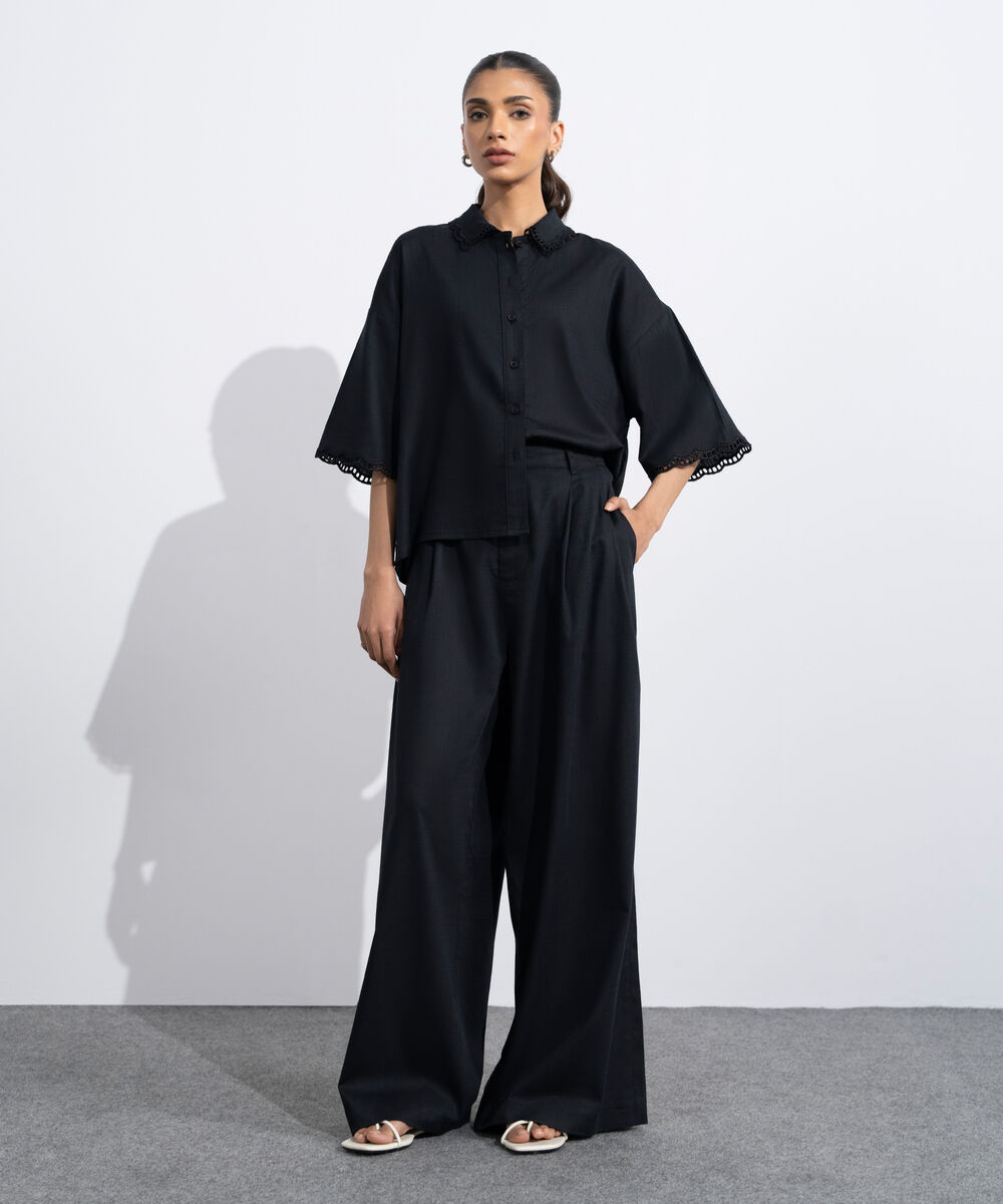 Women's Western Black Wide-Leg Pleated Trousers