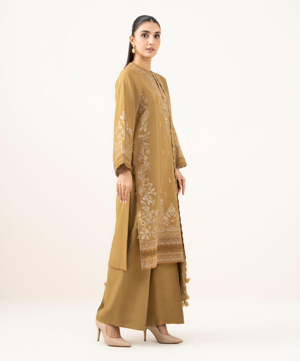 Women's Unstitched Embroidered Linen Dull Gold 3 Piece Suit