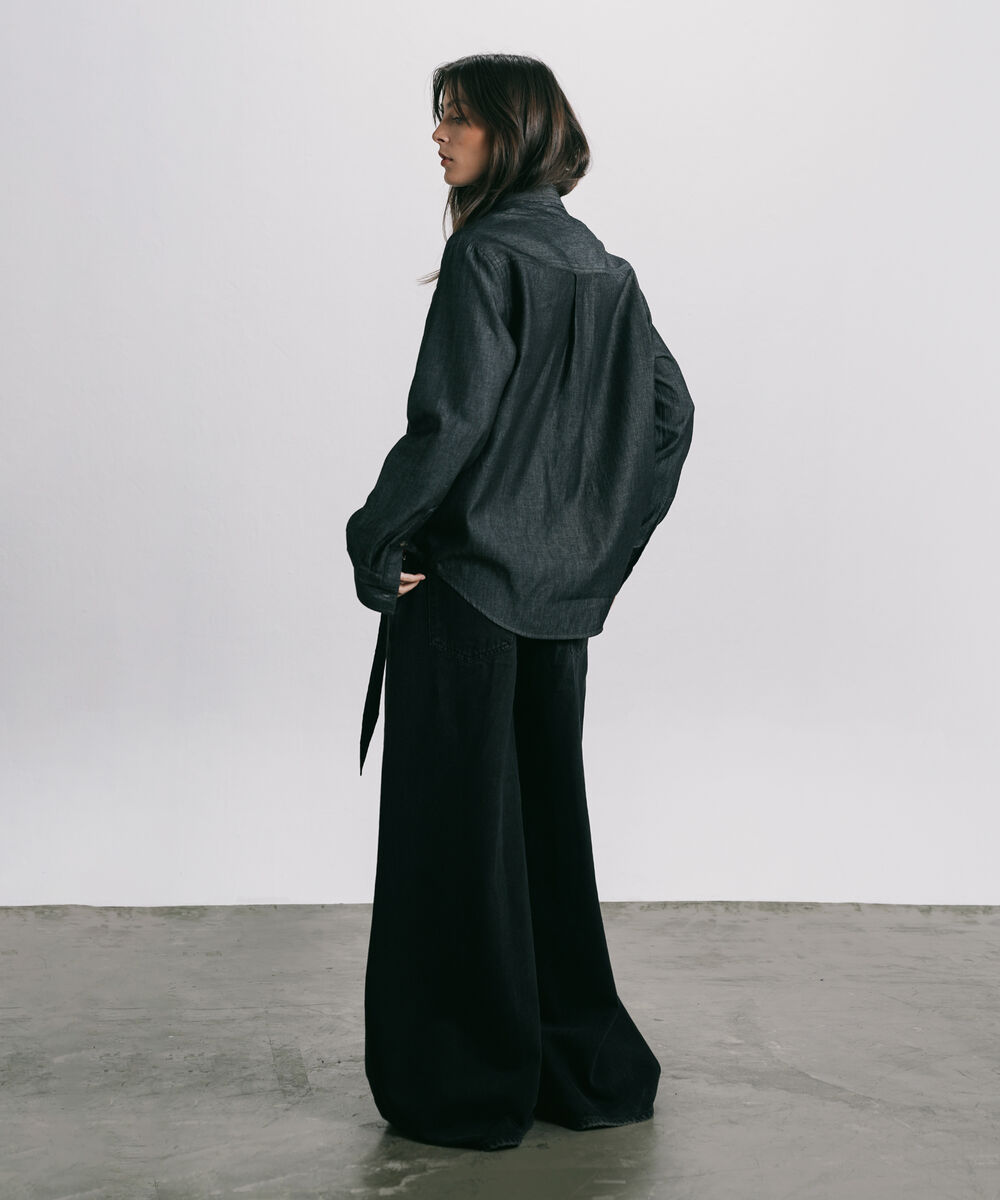 Women's Western Wear Black Denim Shirt With Self-Tie Fastening