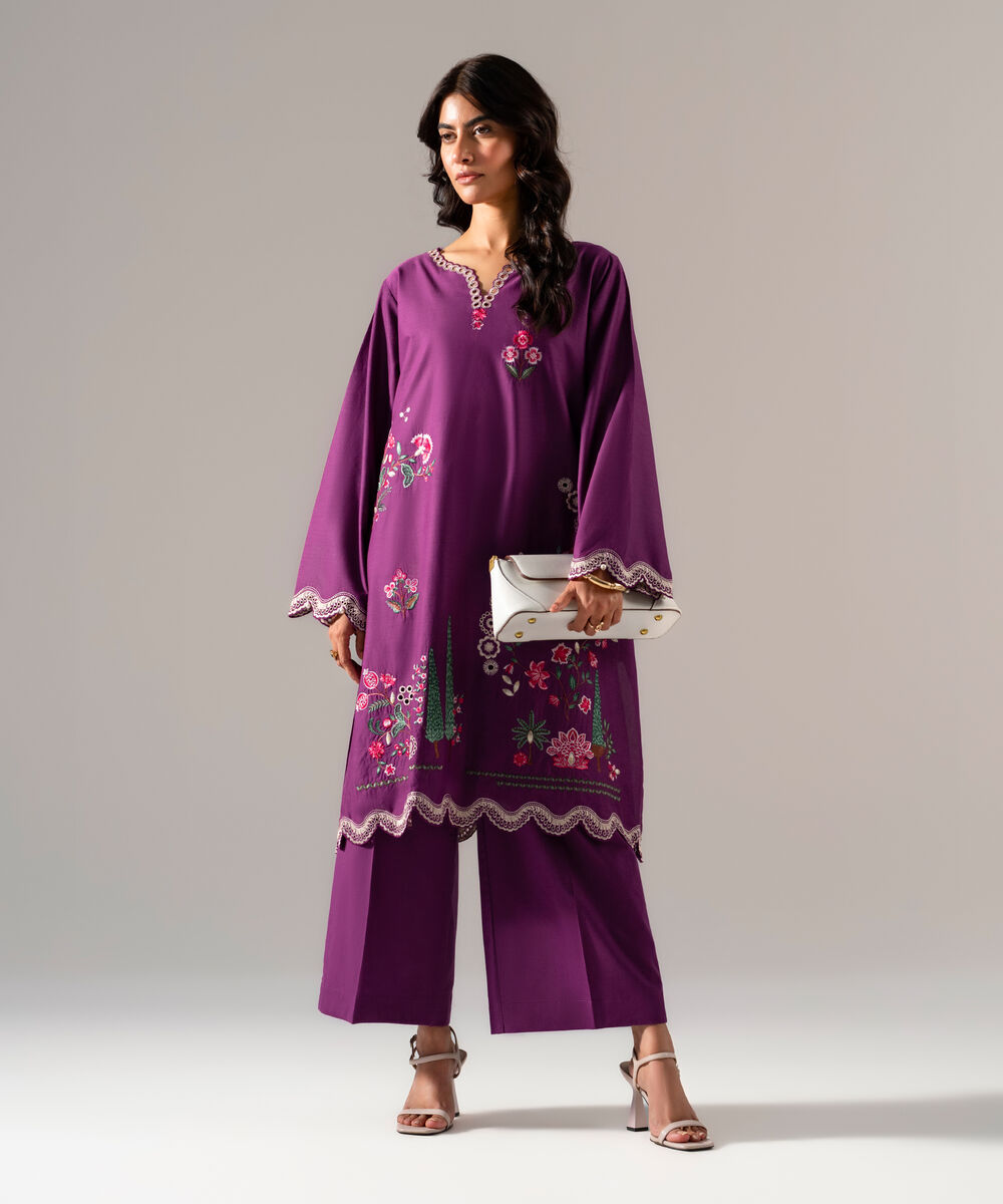 Women's RTW Solid Embroidered Purple Cotton Viscose Shirt