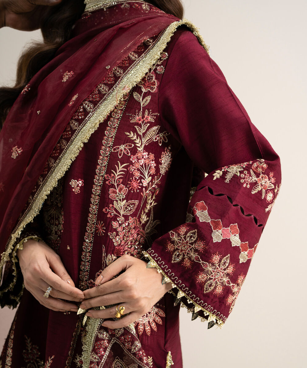 Women's Unstitched Embroidered Viscose Raw Silk Maroon 3 Piece Suit