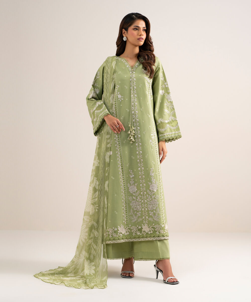 Women's Unstitched Textured Lawn Embroidered Green 3 Piece Suit