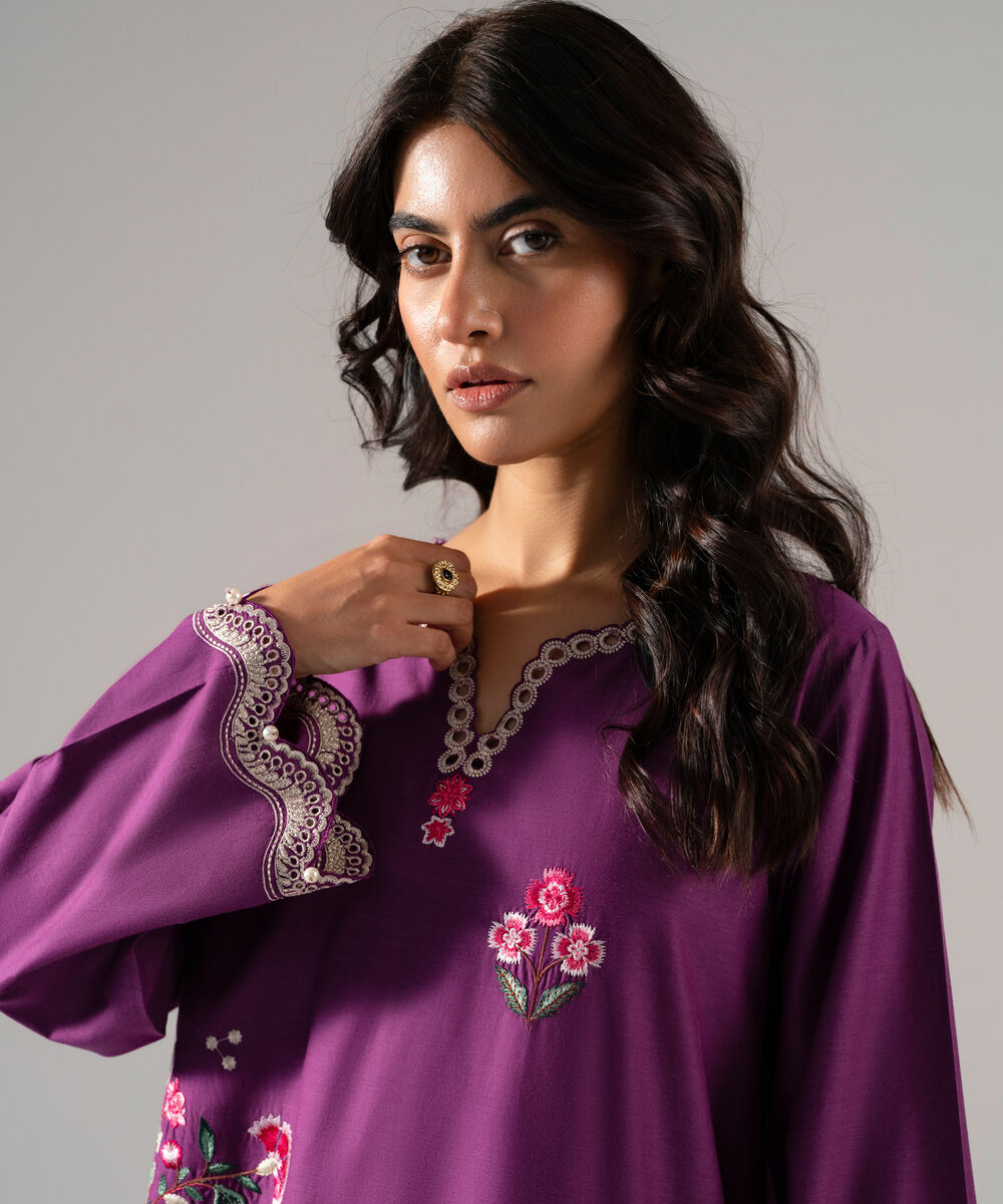 Women's RTW Solid Embroidered Purple Cotton Viscose Shirt