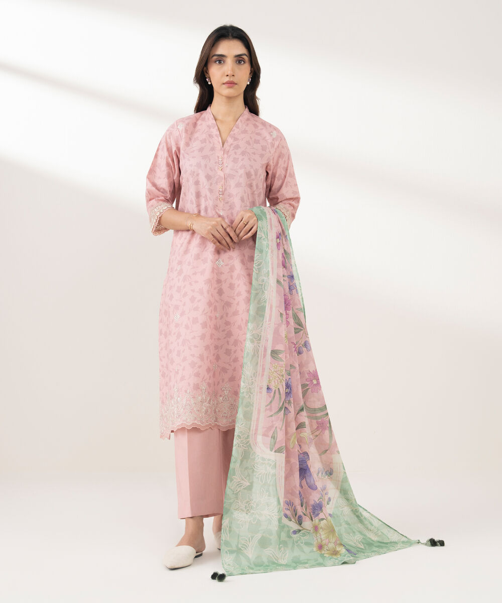 Women's Unstitched Zari Lawn Embroidered Pink 3 Piece Suit