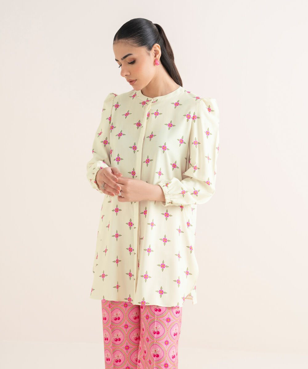 Women's RTW Linen Viscose Printed Off White Straight Shirt