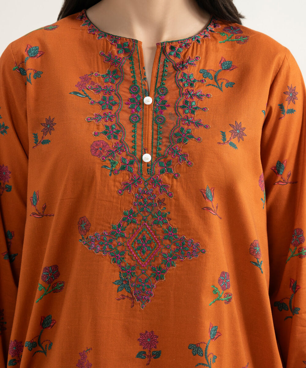 Women's RTW Slub Lawn Embroidered Orange Straight Shirt