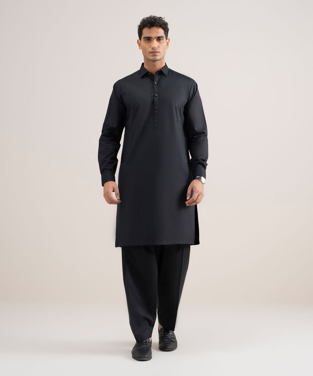 Men's Stitched Cotton Dobby Black Suit