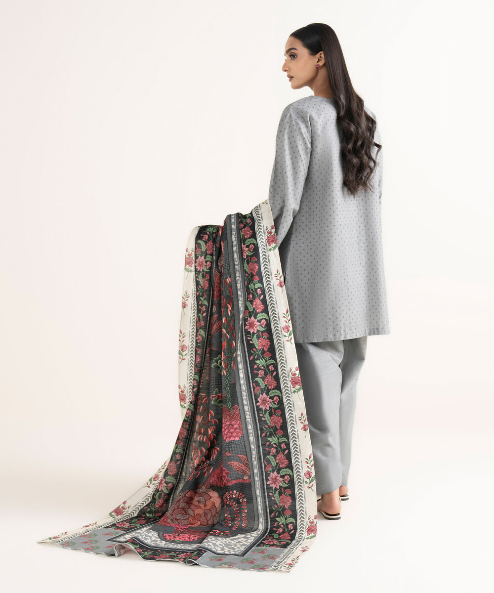 Women's Unstitched Khaddar Embroidered Grey 3 Piece Suit