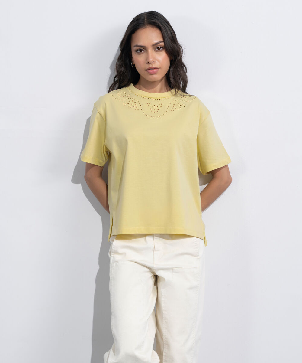 Women's Western Butter yellow Broiderie Anglaise T-Shirt