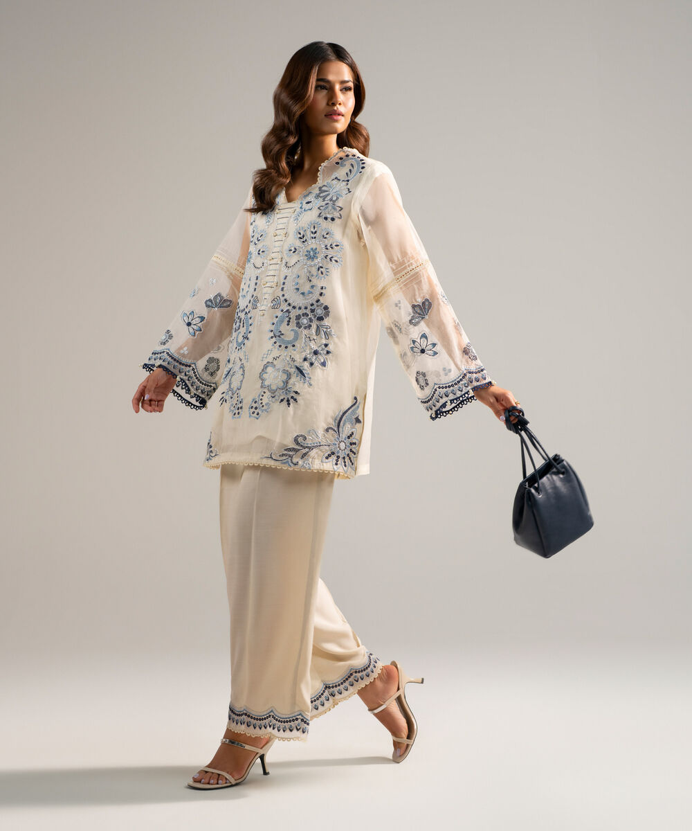 Women's RTW Organza Embroidered Off White 2 Piece Suit