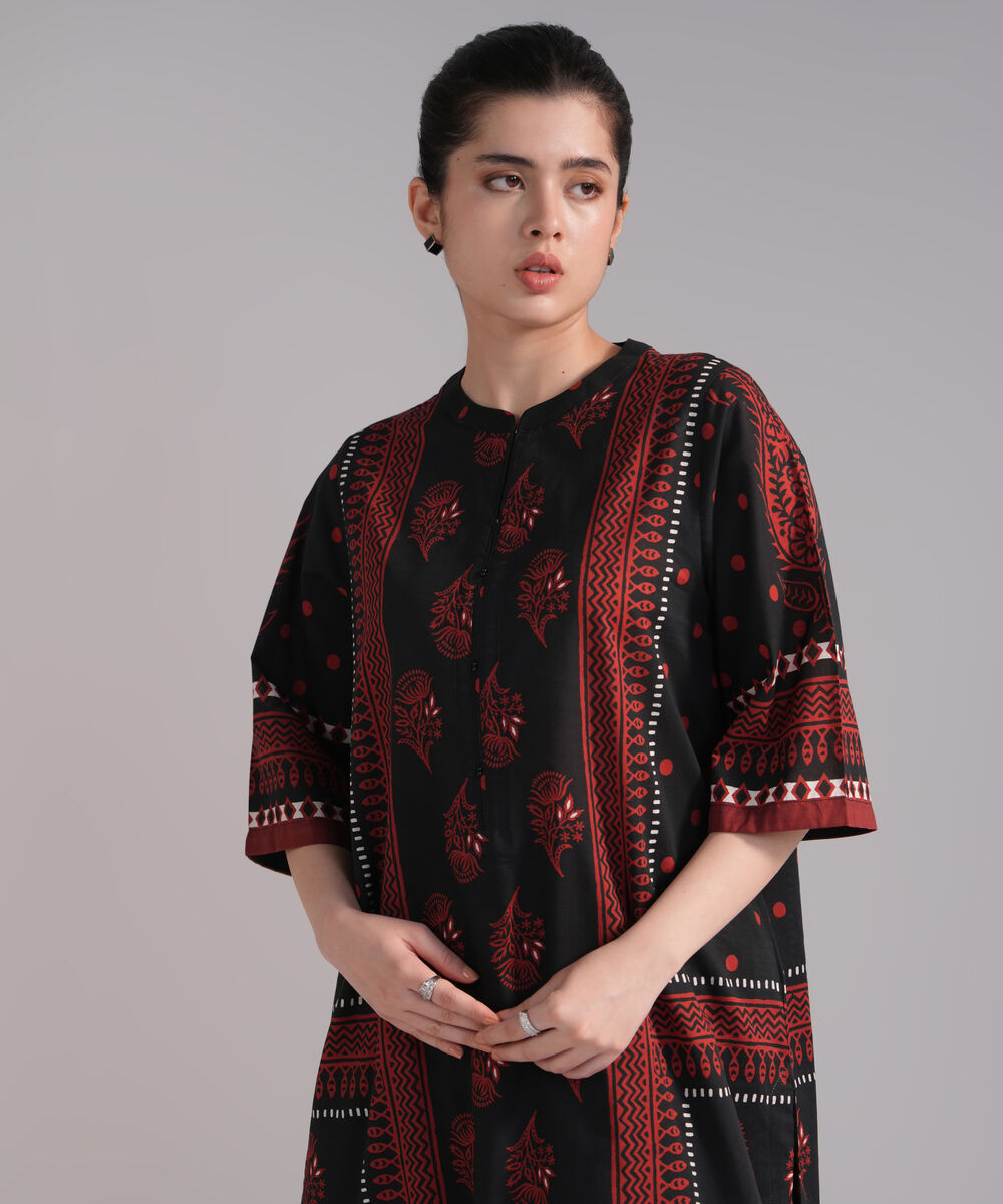 Women's RTW Slub Lawn Printed Black A-Line Shirt