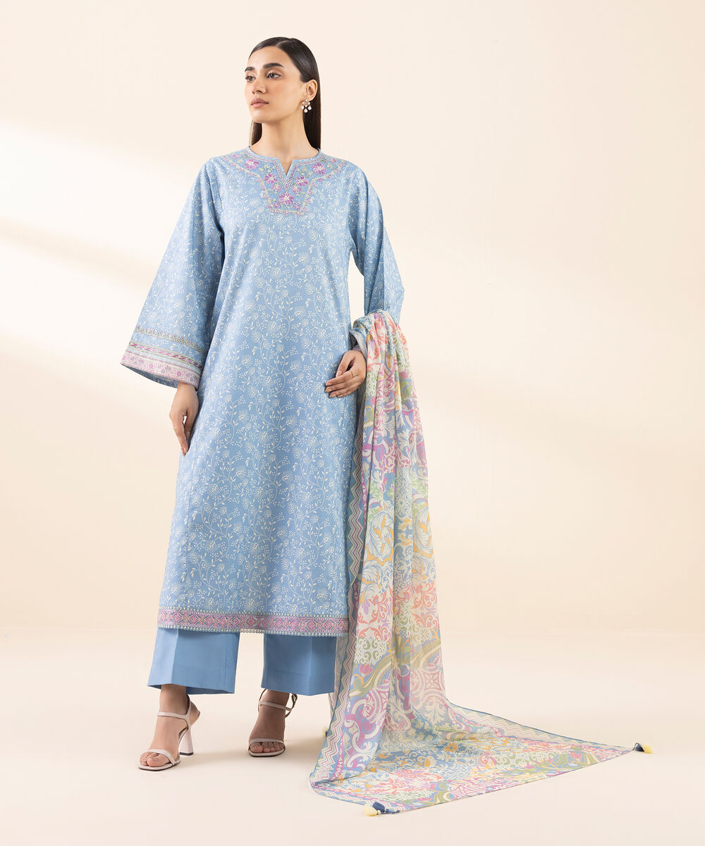 Women's Unstitched Lawn Embroidered Blue 3 Piece Suit
