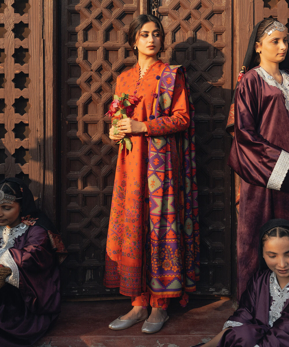 Women's Unstitched Khaddar Printed Orange   3 Piece Suit