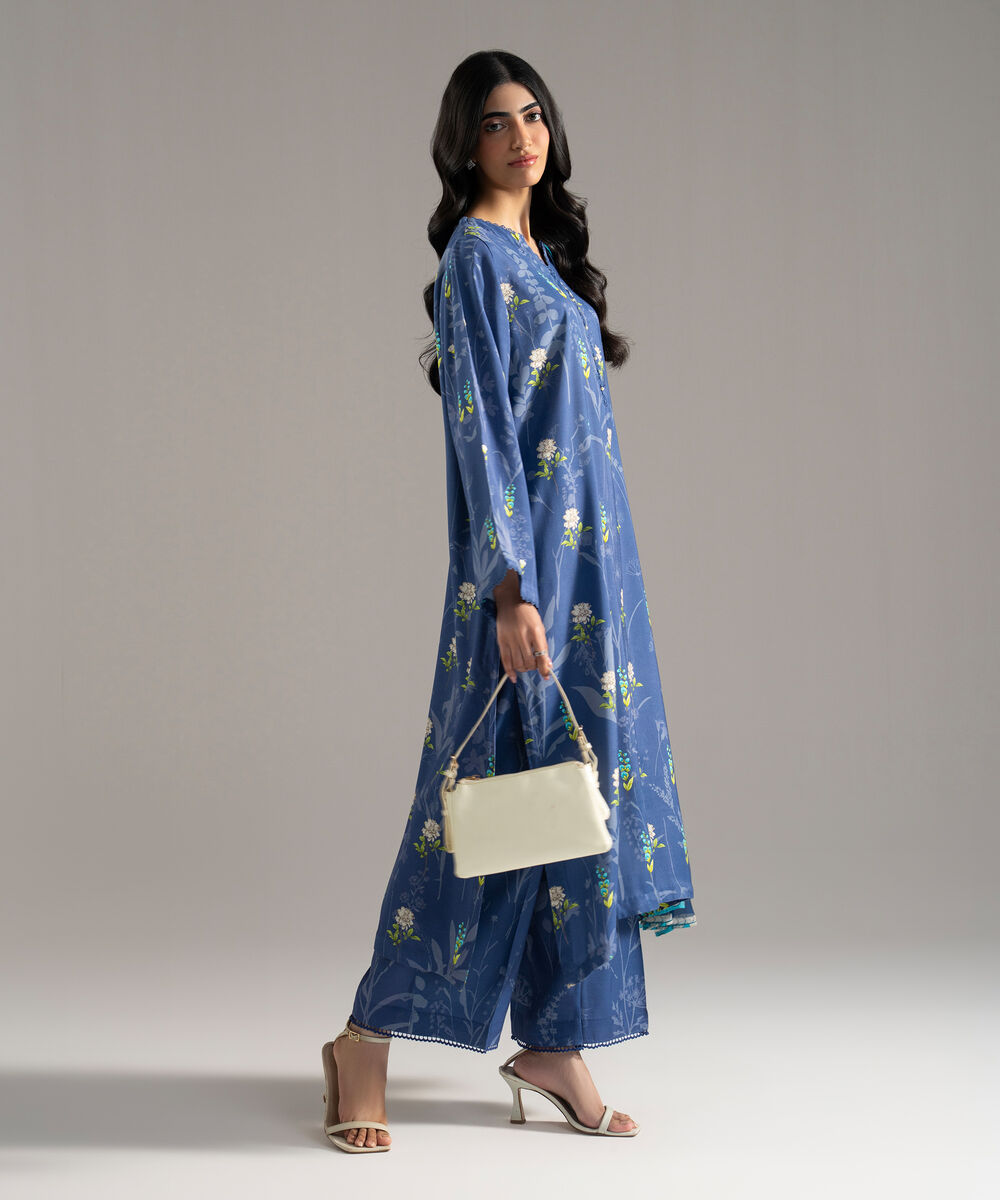 Women's RTW Viscose Raw Silk Printed Blue 3 Piece Suit