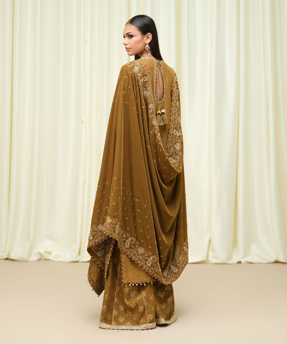Women's Unstitched Raw Silk Embroidered Brown 3 Piece Suit