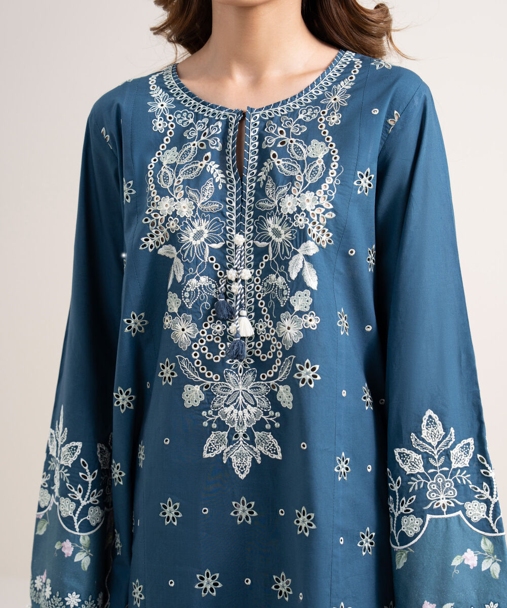 Women's Unstitched Dobby Embroidered Blue 3 Piece Suit
