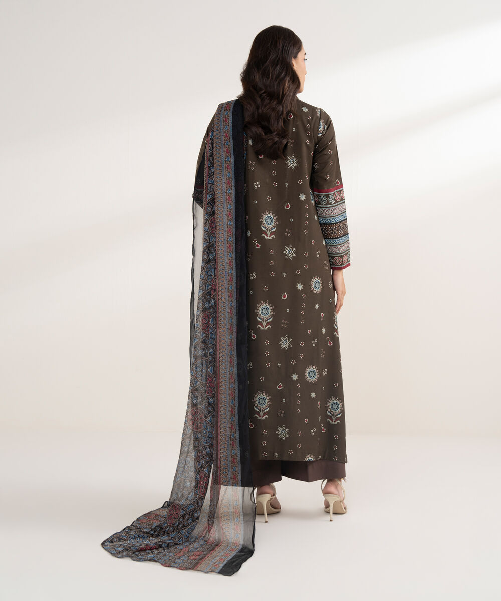 Women's Unstitched Light Linen Printed Brown 3 Piece Suit