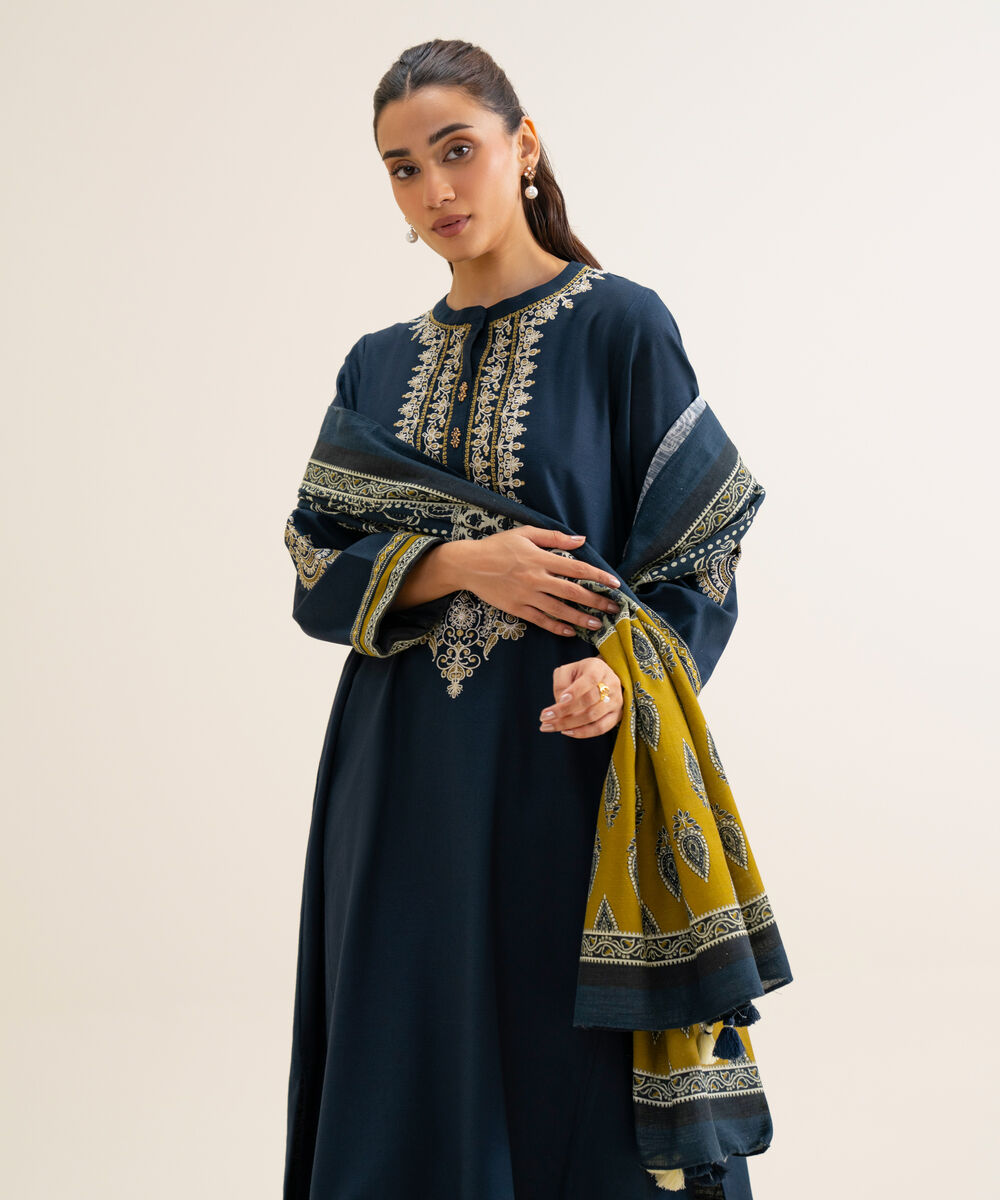 Women's Unstitched Light Khaddar Embroidered Blue 3 Piece Suit