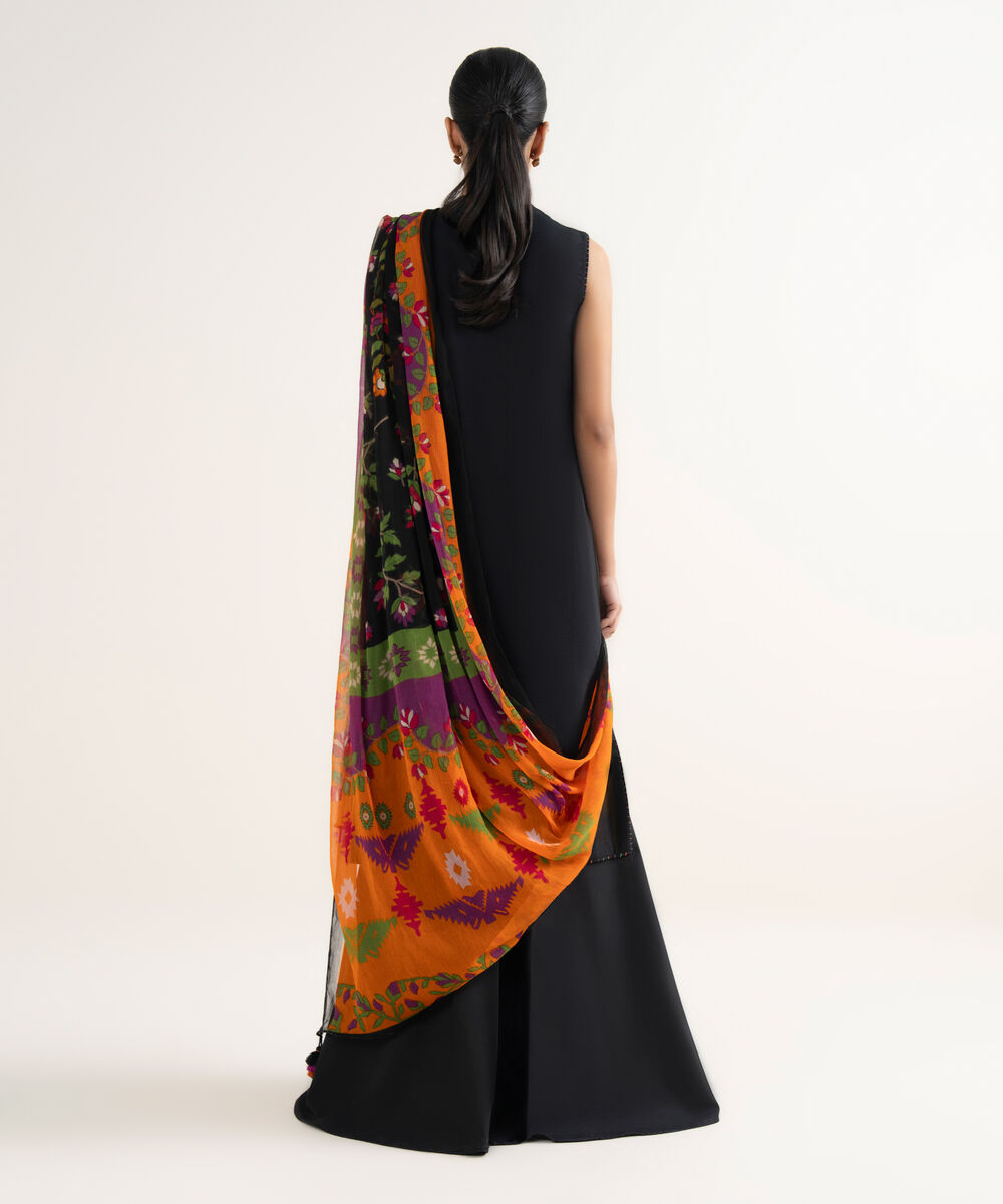 Women's Unstitched Cotton Viscose Embroidered Black 3 Piece Suit