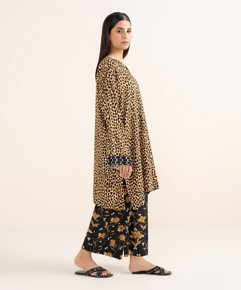Women's RTW Arabic Lawn Brown Printed Drop Shoulder Shirt