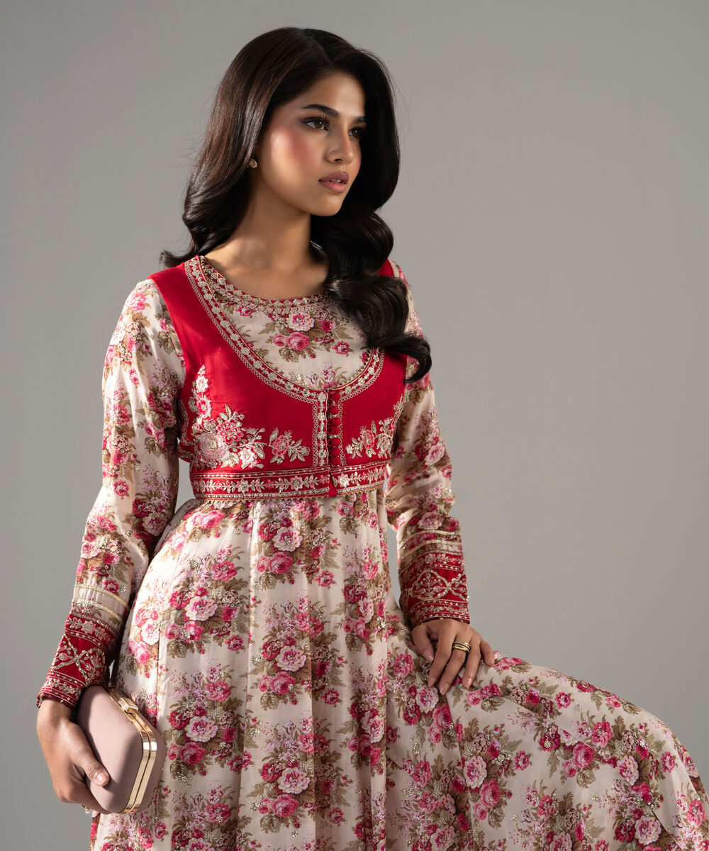 Women's RTW Bright Raw Silk Printed Off White Dress