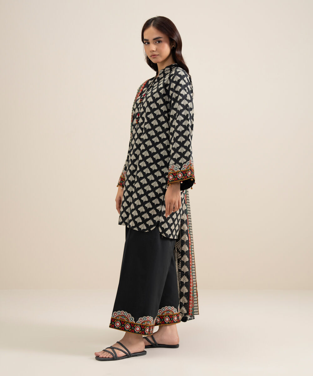 Women's Unstitched Lawn Printed Black and Off White 3 Piece Suit