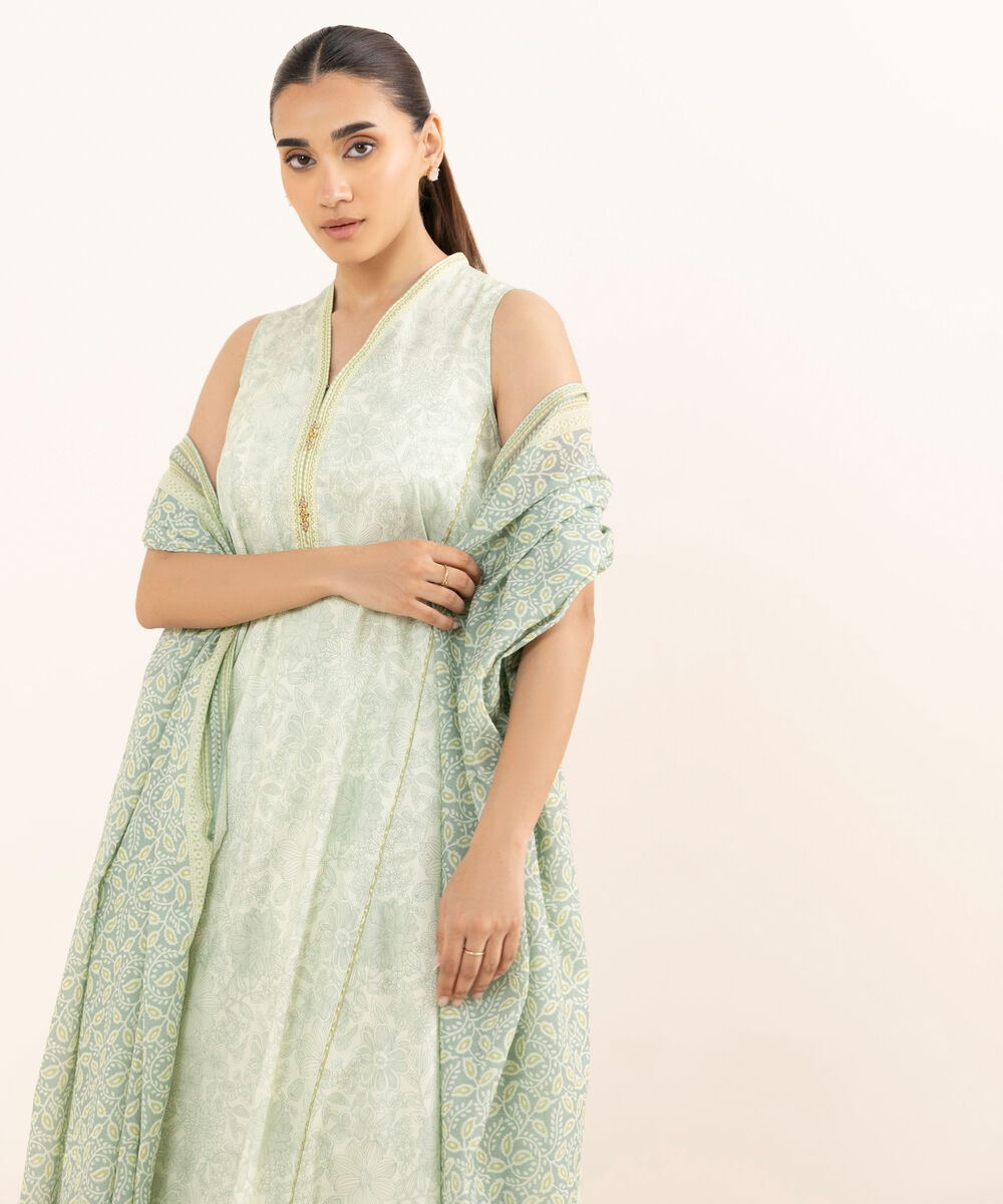 Women's Unstitched Lawn Printed Green Three Piece Suit