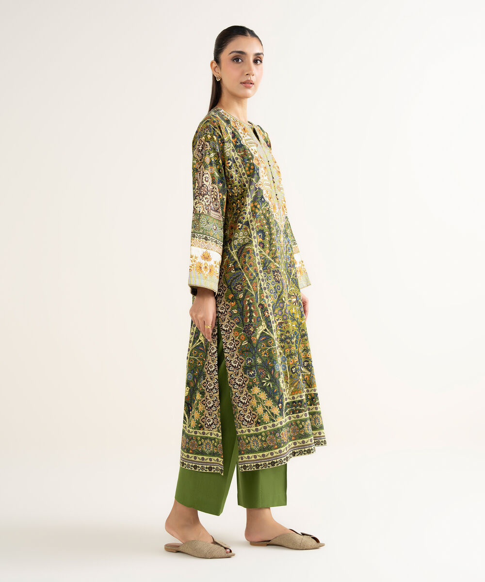 Women's RTW Linen Viscose Embroidered Green A-Line Shirt