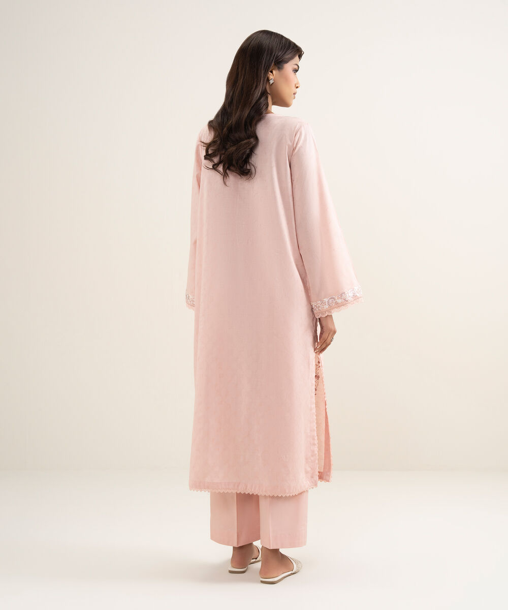 Women's RTW Self Jacquard Embroidered Pink A-Line Shirt